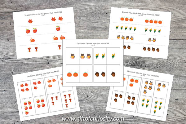 Fall Preschool Math Pack - more or less activities