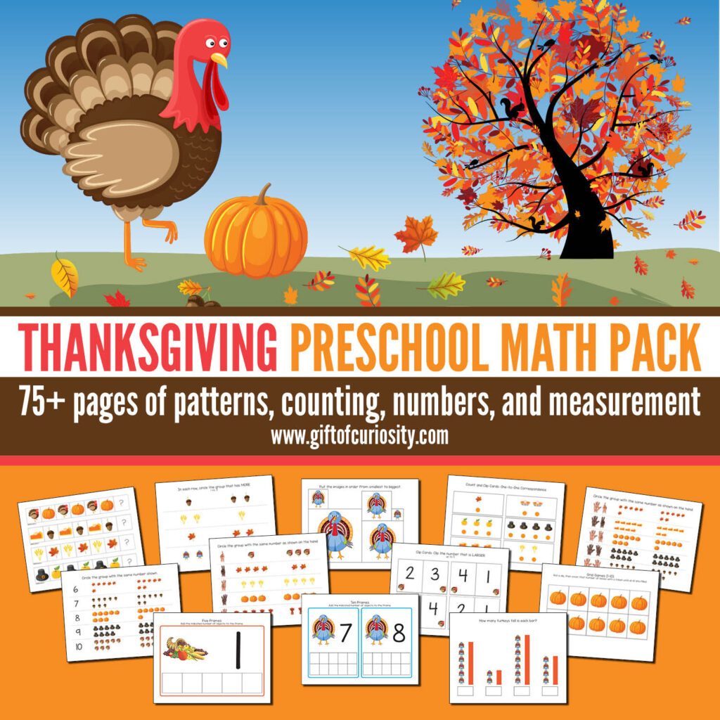 This Thanksgiving Preschool Math Pack features more than 75 pages of Thanksgiving-themed math activities for children ages 2-5. These developmentally appropriate activities are aligned to preschool learning standards. Grab a copy of these easy print-and-play activities that support the development of a range of early math skills including patterns, numbers, counting, and measurement. #Thanksgiving #fall #STEM #printables #giftofcuriosity #preschool #prek #preschoolmath || Gift of Curiosity