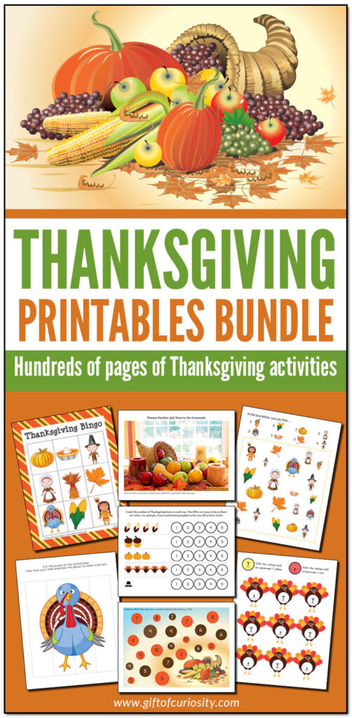 The Thanksgiving Printables Bundle features more than 320 pages of printable Thanksgiving-themed activities. Ideal for kids ages 2-8. Perfect for Thanksgiving learning all November long! | #Thanksgiving #printables #giftofcuriosity || Gift of Curiosity