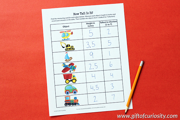 Transportation Toys Measurement Activity - ranking all items from tallest to shortest