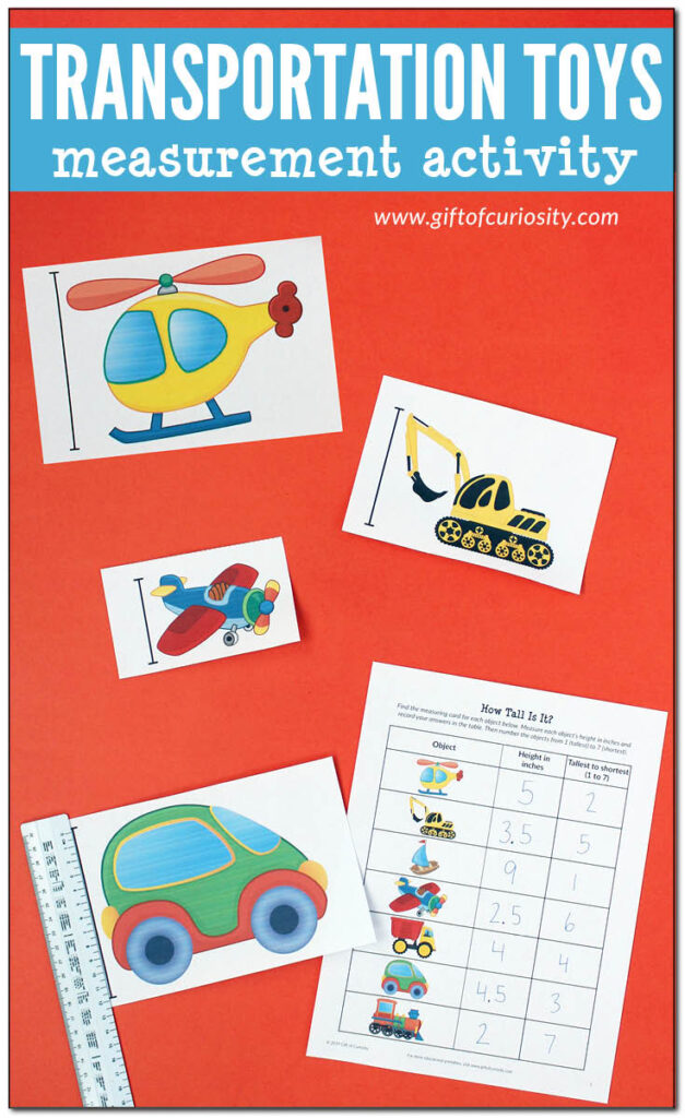 Printable Transportation Toys Measurement Activity: Kids use a ruler to measure the height of cars, trains, planes, etc. in either inches or centimeters, then rank the objects from tallest to shortest. Lots of great learning in this low-prep printable activity! #STEM #STEAM #printables #GiftOfCuriosity #handsonlearning #measurement #measuring || Gift of Curiosity
