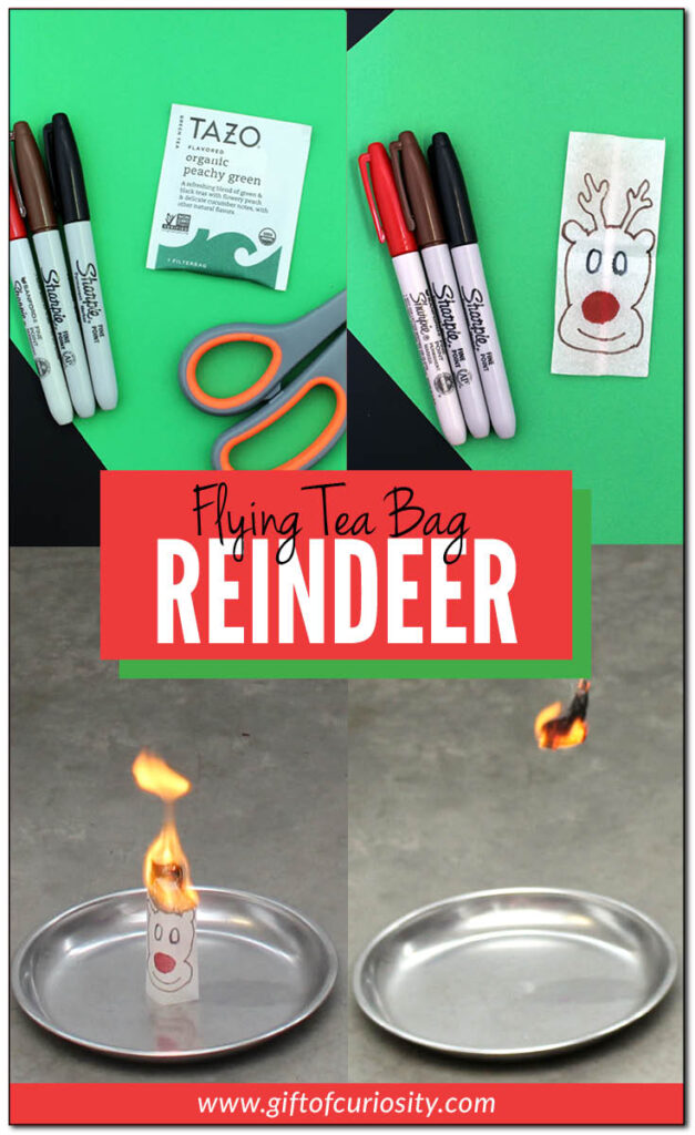 Help Santa's reindeer take flight with this exciting Christmas STEAM activity for kids! In just a few short minutes you'll learn how to create your own flying tea bag reindeer. Then light the reindeer up and watch your children's delight as the reindeer takes to the sky! #Christmas #reindeer #STEAM #ChristmasSTEAM #giftofcuriosity || Gift of Curiosity