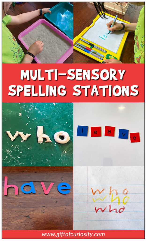 Spelling practice doesn't have to be boring! Learn how to set up multi-sensory spelling stations that are fun, engaging, and best of all. . . effective! #spelling #giftofcuriosity || Gift of Curiosity