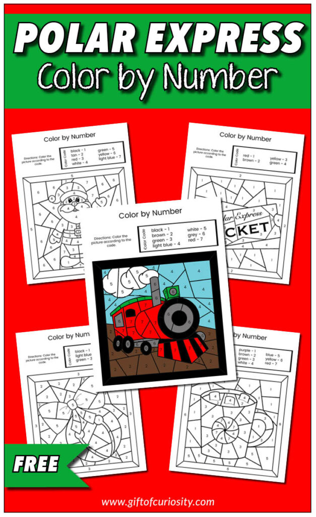 Free printable Polar Express Color by Number printable for Christmas. Features six different images all based on the iconic Polar Express story. #christmas #polarexpress #freeprintables #giftofcuriosity || Gift of Curiosity