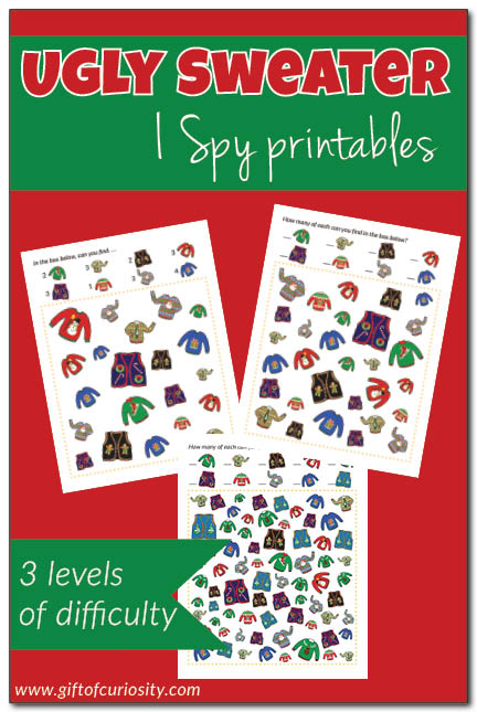 Printable Christmas Ugly Sweater I Spy games for children with three levels of difficulty. Can you find all the ugly sweaters? #Christmas #UglySweater #ISpy #giftofcuriosity || Gift of Curiosity