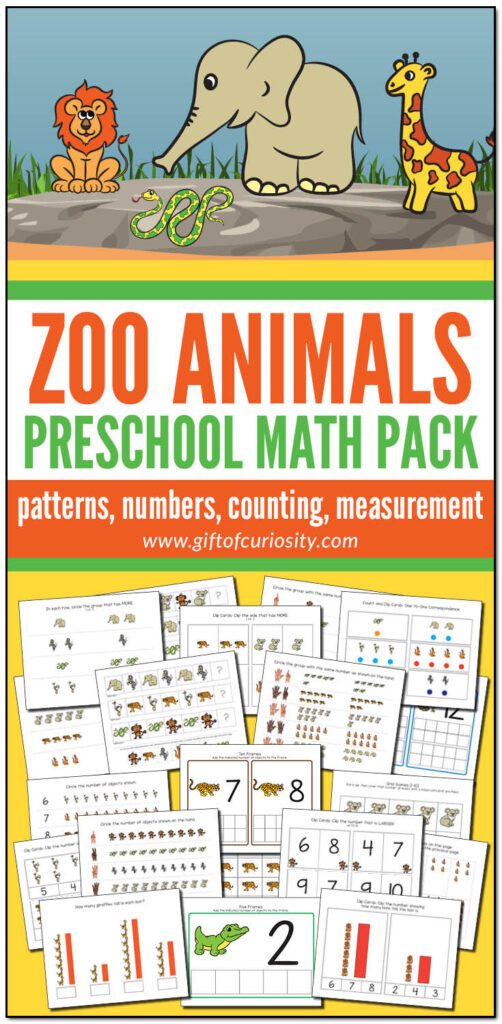 This Zoo Animals Preschool Math Pack features more than 75 pages of zoo animal-themed math activities for children ages 2-5. These developmentally appropriate activities are aligned to preschool learning standards. Grab a copy of these easy print-and-play activities that support the development of a range of early math skills including patterns, numbers, counting, and measurement. #zoo #zoology #STEM #printables #giftofcuriosity #preschool #prek #preschoolmath || Gift of Curiosity