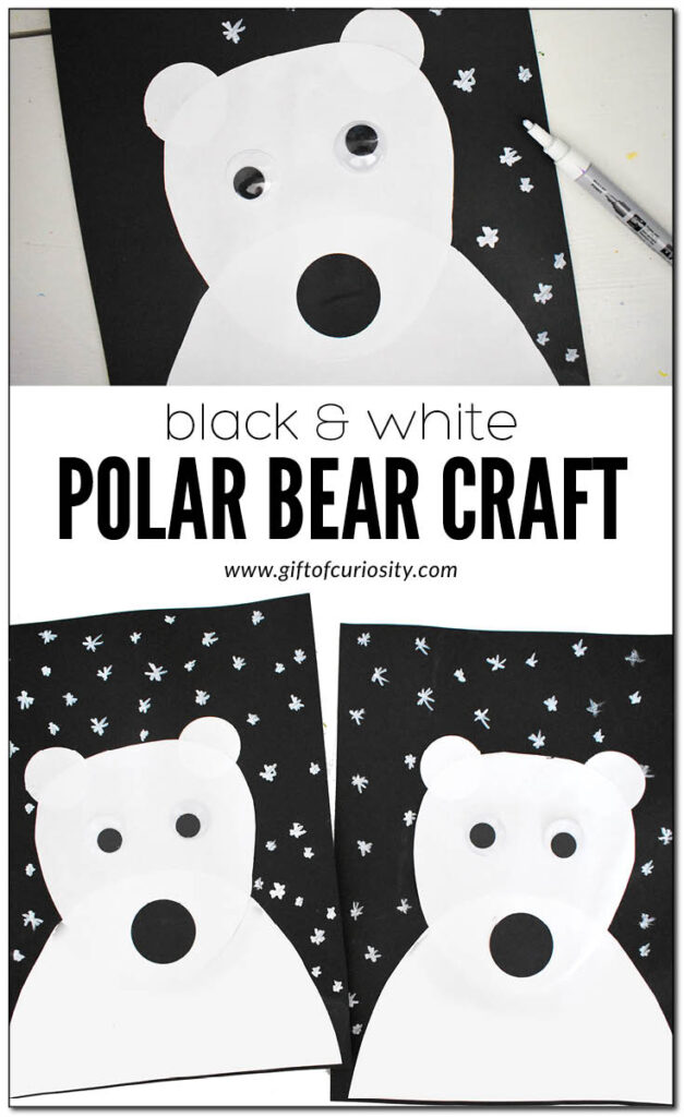 Learn how to create this simple black and white polar bear craft using the free provided template. #polarbear #arcticanimals #giftofcuriosity #thearctic #arcticanimal #polarbears #artsandcrafts #winter #wintercrafts || Gift of Curiosity
