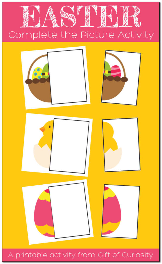 Toddlers and preschoolers will enjoy matching the missing halves of these Easter pictures. #Easter #GiftOfCuriosity #toddlers #preschool || Gift of Curiosity