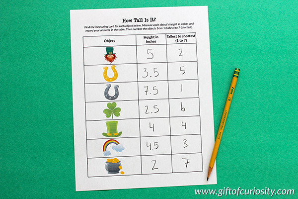 St. Patrick's Day Measurement Activity - ranking all the measurements from tallest to shortest