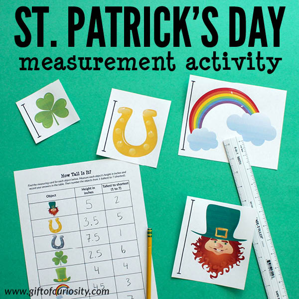 Printable St. Patrick's Day Measurement Activity: Kids use a ruler to measure the height of St. Patrick's images in either inches or centimeters, then rank the items from tallest to shortest. Lots of great learning in this low-prep printable activity! #STEM #STEAM #printables #GiftOfCuriosity #handsonlearning #measurement #measuring #stpatricksday || Gift of Curiosity