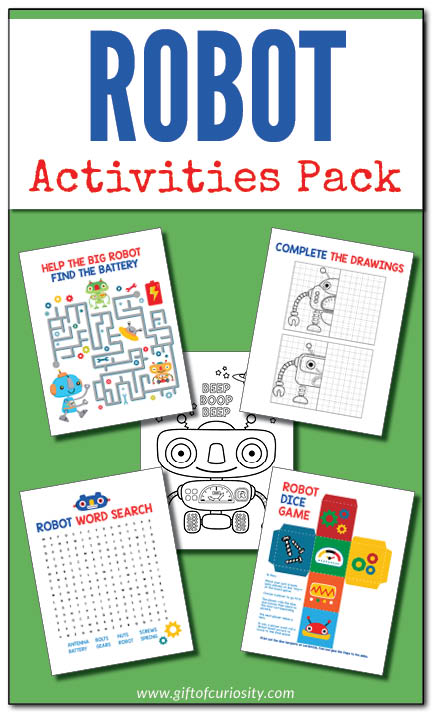 This adorable Robot Activities Pack features a mask making activity, maze, drawing activity, dice game, coloring pages, and word search. So much fun in one little pack of activities! #robots #GiftOfCuriosity || Gift of Curiosity