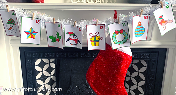 Christmas Countdown Coloring Cards hanging on a garland