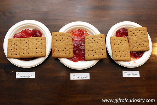 Modeling convergent, divergent, and transform plate boundaries with crackers and jam