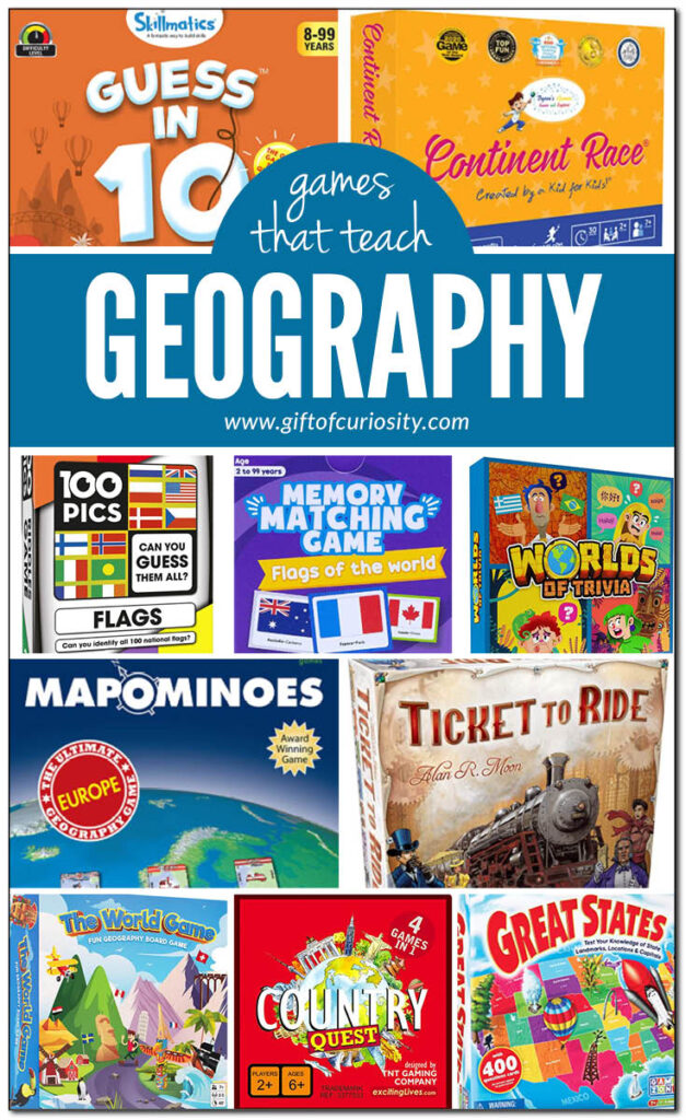 Fun games that teach geography concepts to kids. Perfect for gameschooling! #geography #homeschool #GiftOfCuriosity || Gift of Curiosity