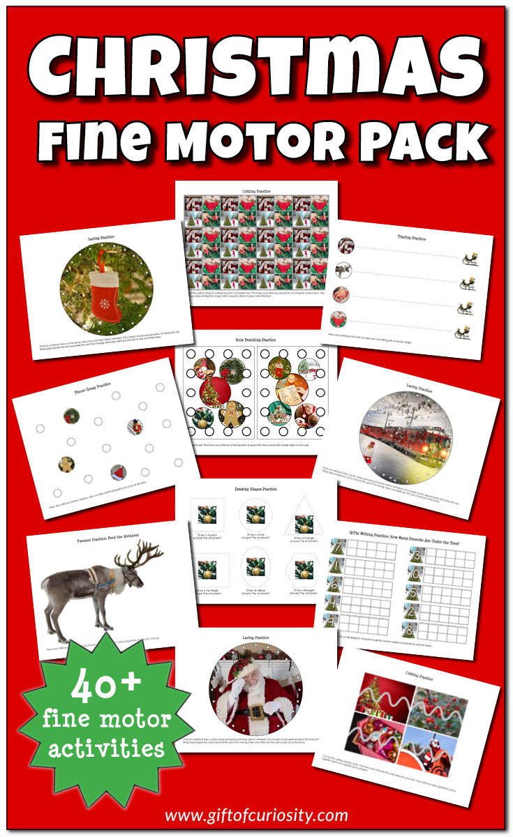 Christmas Fine Motor Activity Pack with 40+ fine motor activities featuring Santa, reindeer, stockings, and more. These Christmas fine motor activities are great for children developing a large range of different fine motor skills. || Gift of Curiosity